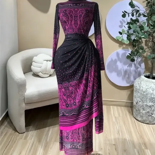 PULKRITU Women's Tie Dye Print Pleated Long Sleeve Maxi Prom Dress, Evening Party Dress, Slim Fit Party Outfit Dress, Birthday Event Wear, Female Brunch Dresses, Graduation Dress, Date Night Dresses, Dresses for Party