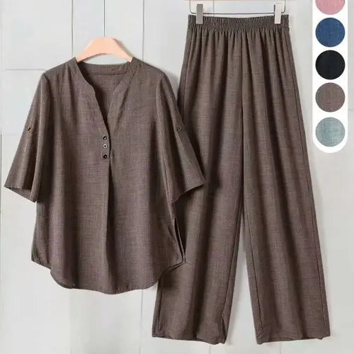 Deep V Neck Casual Set, Basic Loose Fit Summer Breathable Lightweight, Simple Elegant Commute Wear, Refreshing Leisure Style, Outfit Sets Women