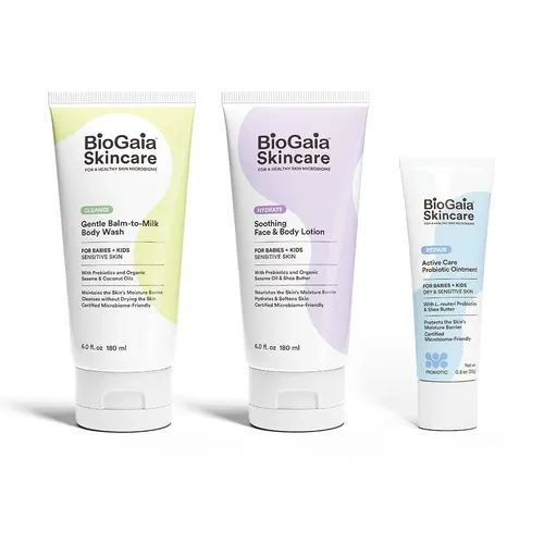 BioGaia Baby & Kids Skincare Trio for Dry, Sensitive Skin - Balm-to-Milk Body Wash, Lotion & Probiotic Ointment