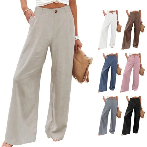 SCUSTY Women's Cotton Linen Wide Leg Pants Casual Button Up High Waisted Loose Comfy Spring Summer Bohemian Minimalist Bottoms, Trendy Chic Relax Fit Beach Vacation Daily Wear Trousers With Practical Side Pockets