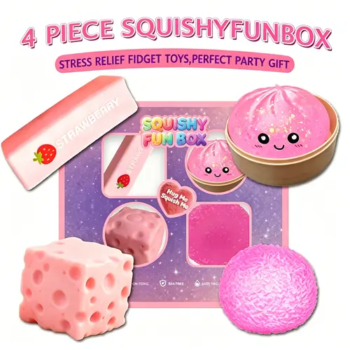 Summerwins 4-Pack Pink Decompression Squishy Set - Soft Silicone Sensory Fidget Toys, Mixed Slow/Fast Bounce, Assorted Shapes for Stress Relief, Kid Girl Gifts for Birthdays & Any Occasion