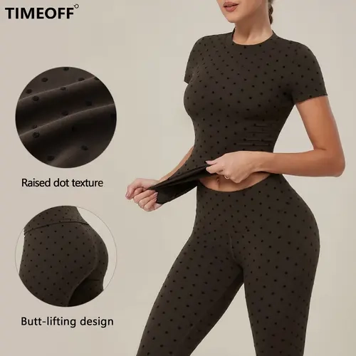 TIMEOFF Women's Polka Dot 2-Piece Activewear Set - Short Sleeve Slim Crop Top, High Waist Stretchy Leggings, Bodycon Workout Set for Workout, Casual Athletic Clothing, Sporty Style Clothes