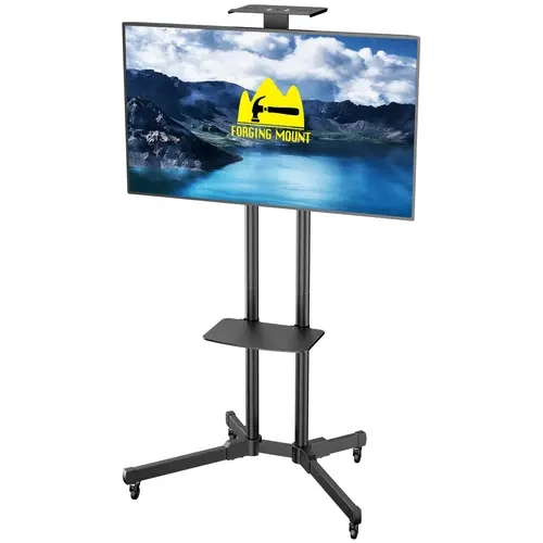 Forging Mount Sturdy Metal Frame Double Pillar Mobile TV Stand with Mount, 32-75-Inch LCD/LED Flat-Panel/Curved TV Fit, 15° Adjustable Tilt, 50 kg (110 LBS) Capacity, Max VESA 600mmx400mm, Laptop Holder, Roll-Flat Design, Lockable Wheels, Cable Management