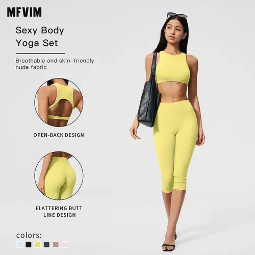 MFVIM Women’s 2-Piece Yoga Set - Back-Design Cutout, High-Waisted Butt-Lifting 7/8 Seamless Second-Skin Quick-Dry Fitness Pants, Running Matching Workout 2 Piece Sets for Women, Workout Sets Women