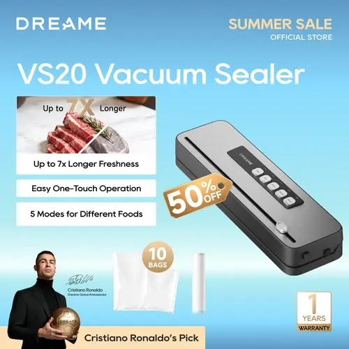 Dreame VS20 Automatic Vacuum Sealer Machine, Vacuum Sealing Machine with -65kPa Suction, Guided Bag Placement, Reinforced Double Seal, 5 Modes, Cutter for Meat, Moist Foods, Sous Vide Meal Prep