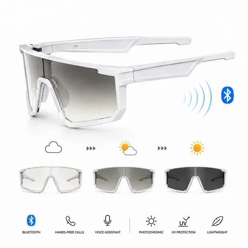 VUB Multifunctional Smart Glasses - 40g Wireless Audio Eyewear with Bluetooth, Photochromic Polarized UV400 Lenses, Dustproof Waterproof Design, Open-Ear Audio, Hands-Free Calls, AI Translation, Music Player for Hiking, Construction