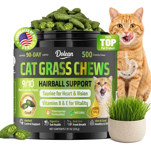 Dolean Feline Grass Treats,  Cat Grass for Hairball Control, Digestive Health Support, Training Treats for Indoor Cats, aurine & Essential Vitamins, Helps Skin, Coat & Teeth Cleaning, Crunchy Chicken, 500 Chews for All Ages
