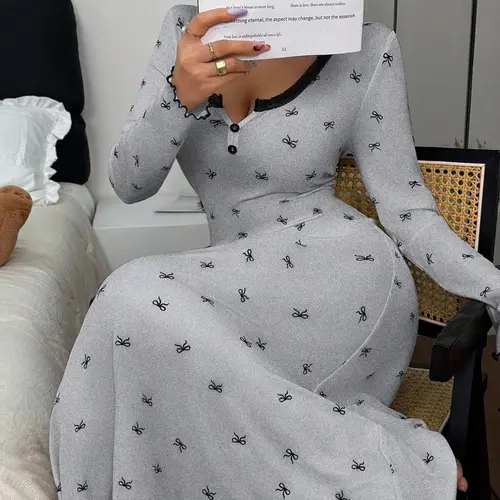 Women's Elegant Casual Sleep Dress, Comfortable Soft Knit Bow V-Neck Long Sleeve Pajamas, Cozy Loungewear Nightwear for Home, V Neck Nightgown, Nightdress Pj, Nightdress Sleepwear, All Seasons