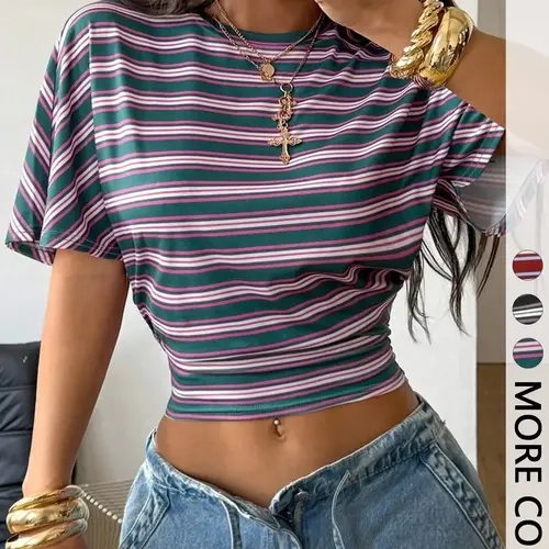 Women's Spring/Summer Striped Crop Tee, Stretchy Ruched Short Sleeve Top, Minimalist Y2K Preppy Style, Casual Back-to-School Streetwear, Casual College Style