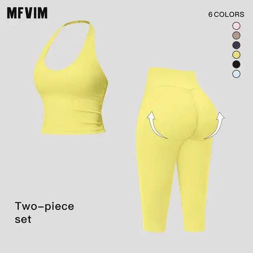 MFVIM Women’s 2-Piece Sports Wear Set - Halter V-Neck Tank Top, High-Waisted Thigh-Lifting Seamless Quick-Dry Gym Workout Apparel, Second-Skin Feel Matching Set for Travel, Camping