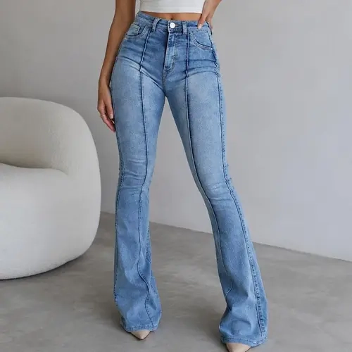 Elengatine Women's High-Waisted Bootcut Jeans - Polyester-Cotton Blend Denim, Multi-Size, Chic Retro Style, Slim-Fitting, Butt-Lifting, Front Seam, Vintage Washed, Cold-Washable, Comfortable Fashion Baddie Aesthetic Streetwear Casual Bottoms