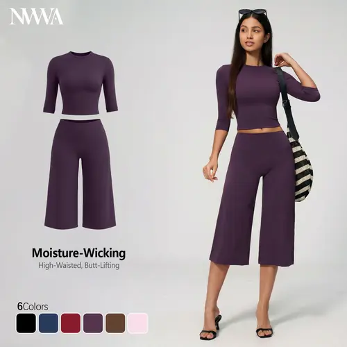 Women's 2-Piece Casual Lounge Set - High-Waisted Flowy Wide Leg Pants & Slimming Elbow Sleeve Top, Trendy Sports & Outdoor Co-ord for Back to School