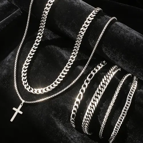 Men's Fashion Stainless Steel Jewelry Set, Necklace And Bracelet Set, Casual Hip-Hop Style Cross Pendant Necklace & Cuban Chain Bracelet for Parties & Daily Wear, Ideal Birthday Gift, Accessory Set