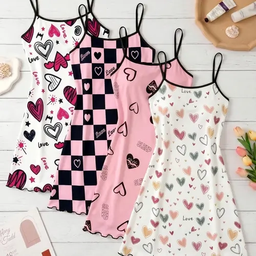 4-Pack Women's Nightdresses, Cute Heart Print Sleepwear, Casual Fitted Home Wear, Loungewear, All-Over Print