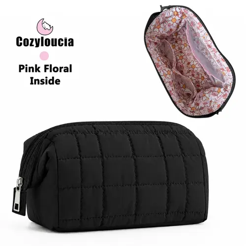 COZYLOUCIA Women's Basic Makeup Bag Organizer - Chic Puffy Quilted Pinky-Pink Floral Design, Wide-Open Top Zip, Built-In Organizer, Travel Evening Accessory for Wedding, Gifts for Women, Cute Girly Gift