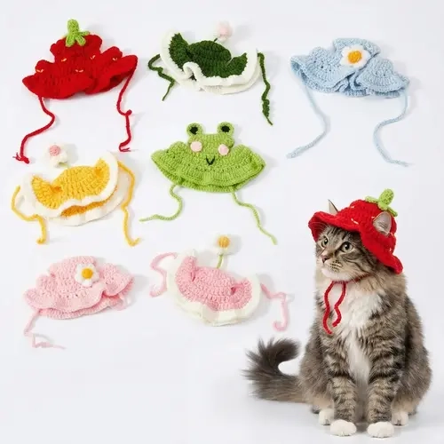 4-Hat Value Set (4pcs) Handmade Knitted Frog Pet Hats, Lightweight Polyester Fabric, Adjustable Strap, Easy to Put On, Full Coverage Warmth, Party-Ready Look, Ideal for Small Cats (Great for Birthdays)