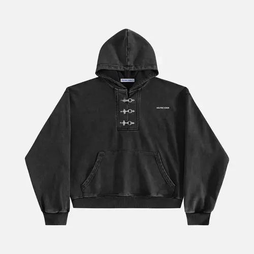 Aelfric Eden Boxy Metal Toggle Pullover Hoodie Oversized Boxy Cropped Fit Acid Wash Finish Metal Toggle Half Placket Detail Kangaroo Pocket Soft Fabric Retro Streetwear Unisex Top