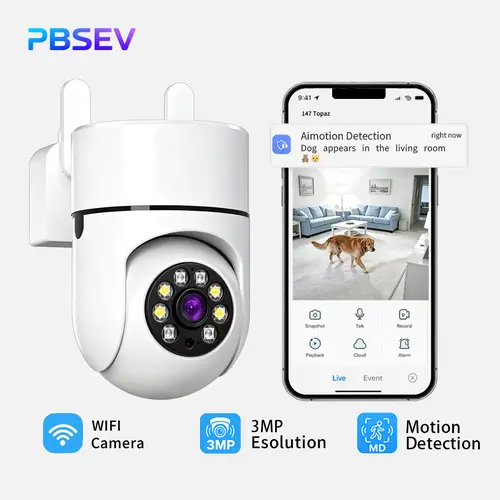 PBSEV 3MP HD Panoramic PTZ Home Security CCTV Surveillance Camera, 360° Pan-Tilt Wi-Fi Indoor Ceiling Mount, Micro SD Support, Bluetooth, Auto Human Tracking, Color Night Vision, Motion Sensor, 2-Way Audio, 911 Emergency Alarm, 24/7 Continuous Recording