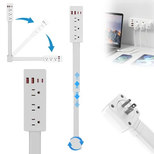 180° Rotatable Mountable Rectangle Wall Outlet Extender Plug - 3 AC (for heavy gear), 2 USB-C, 1 USB-A Ports, 34" Cord, In-Wall Design, 50-99W, ETL Certified Charging Hub for Home, Office (Behind Sofa Power, Home Improvement Electrical Accessory)