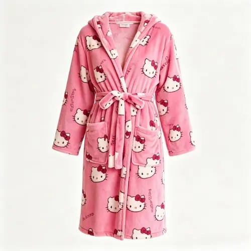 Official Sanrio Hello Kitty Hooded Fleece Robe for Women, Ultra-Soft Coral Fleece Fabric, Self-Tie Waist Belt & Side Pockets, Warm Long Sleeve Bathrobe for Indoor Lounging & After Shower Use