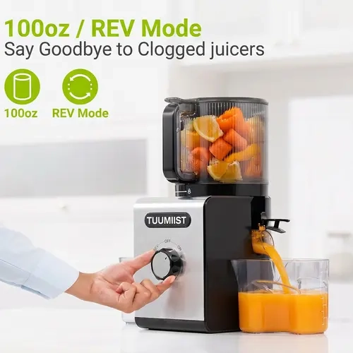 TUUMIIST Masticating Cold Pressed Slow Juicer Machine - 6.5in Large Feed Chute 100oz Hopper Automatic Fruit & Vegetable Juice Extractor, 350W Motor, High Yield, Press-Once Start, Easy To Clean with Brush, For Family Morning Routines