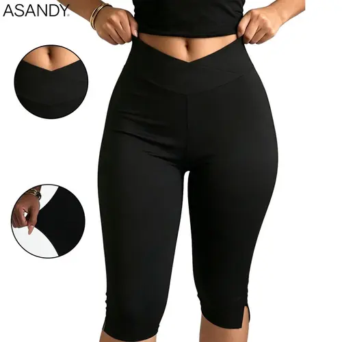 ASANDY Women's High Waist Split Hem Cropped Capri Leggings - Slim Elastic Breathable Activewear Bottoms, High Waist Activewear for Fitness, Gym Workout Sportswear, Fitness Training Pant