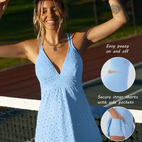 POPVIL Female Fitted Athletic Dress - Textured Stretch Fabric, Criss Cross Back, Built-in Shorts with Pockets, Move-ready Straps, Sleeveless, Above the Knee Tennis Pickleball Sporty Activewear (Athletic Dresses, Tennis Attire)