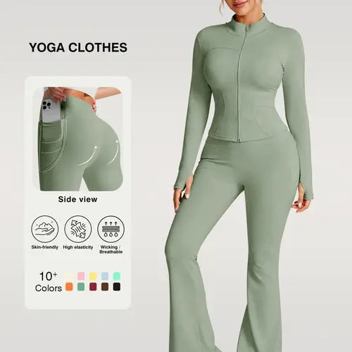 Flexaura Two-Piece Set, High-Waist Pants & Zipper Jacket, Breathable High-Elastic Slim-Fit Long Sleeve Sportswear, Yoga Active Wear, All-Season Gym Yoga Running Workout Outfit