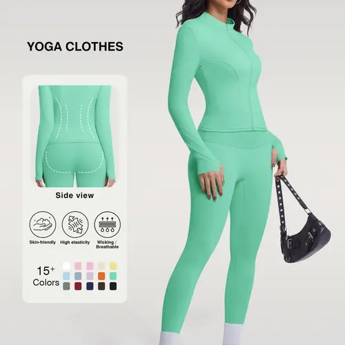 Women's Two-Piece Sporty, Long Sleeve High-Waist Pants & Jacket, Breathable Yoga Gym Wear, All-Season Athletic Clothing