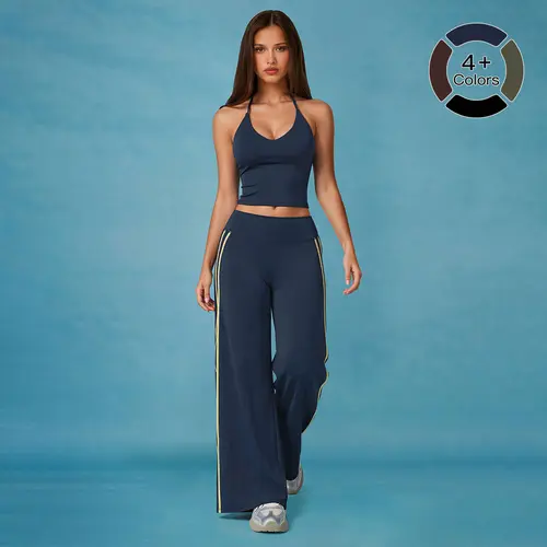 MFVIM Women’s 2-Piece Athletic Wear Sportswear Set - Summer Casual Halter Tank Top + Side Contrast Striped Wide-Leg Pants, Gym Workout Apparel, Suitable for Gym, Outdoor Activities