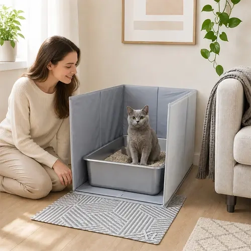 Foldable Cat Litter Box Splash Guard - Waterproof Oxford Fabric Enclosure, Square/Round Compatible, Stable Non-Slip Base, Paw & Fur Trap, Smooth Wipe-Clean Surface, Portable Open-Design Pet Supply Barrier for Household Use