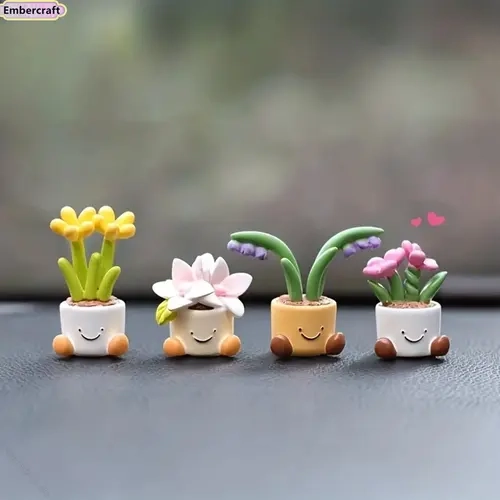 4PCS Cute Mini Potted Floral Rubber Charm Set - Fashion Accessory Set, Car Desktop Decor, Dashboard Accessory, Stocking Stuffers Gift for Car Lovers, Auto Interior & Office Desk Decor