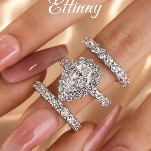 Effinny 14K Gold Plated 3.0ct 3PC Halo Pear Cut Waterproof & Tarnish-Resistant Wedding Ring Set, Fashion Jewelry Women's Ring Set for Daily Wear, Travel-Friendly, Engagement Wedding Bands