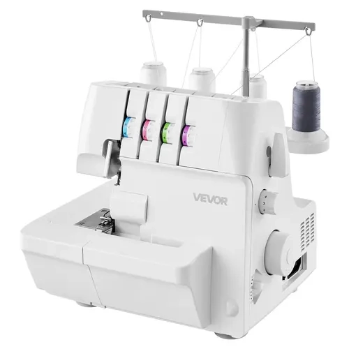 【ToolUpgrade】VEVOR Electric Overlock Serger Sewing Machine, 1250 Stitches/Min, 2/3/4-Thread Flexibility, Adjustable Differential Feed (0.7-2.0), Free Arm, LED Light, Color-Coded Threading, Trim Trap Cleanup, For 6-Layer Denim & Lettuce Hems, White