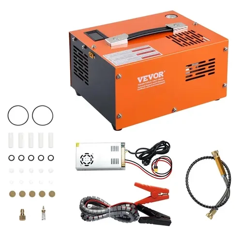 VEVOR PCP Pressure Compressor, 4500PSI/30Mpa 500W Portable Oil-Free Pump, DC12V/AC115V, Dual Display, 8mm Quick-Connect Hose, Battery Clamp, External Converter, Accessories Pack, Excellent Heat Dissipation, Fast Inflation, for Airgun, Home & Outdoor Use