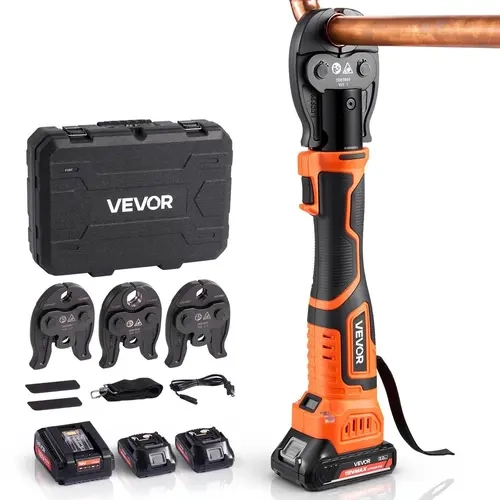 VEVOR 18V Power Industrial Brushless Motor Press Tool Kit, 24KN Force Pipe Crimping Tool for Pipe Repair, 1/2"–1" Copper Tubes Coverage, ProPress-Compatible with 3-VUS Jaw Set, 2x2AH Batteries, Fast Charger, Carrying Case