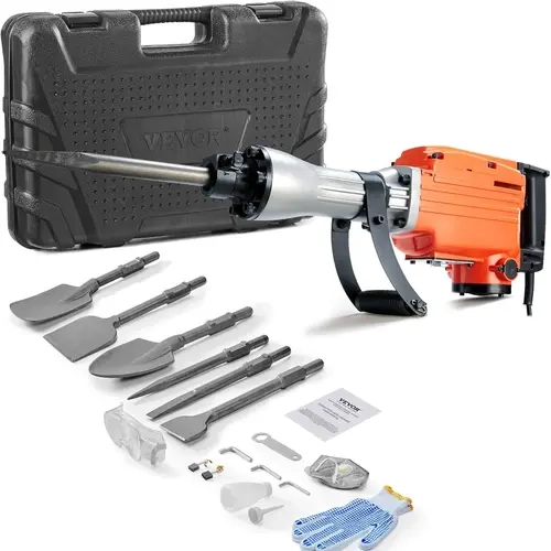 VEVOR Heavy Duty Aluminum Body Electric Demolition Jackhammer Power Tool, 2000W Motor, 6 Chisels (Fast Bit Changes), 66J Impact Punch, 360° Swivel Shock-Safe Handle, Auto Lock Button, Included Gloves, for Concrete Breaking, Pipeline Work