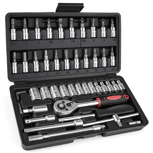 46-Pc 1/4 in Multifunctional Ratchet Wrench Set - Carbon Steel Flex Head Socket Combination Tool, Contoured Grip Ratchet Spanner Set for Automotive Maintenance, Household DIY Repairs