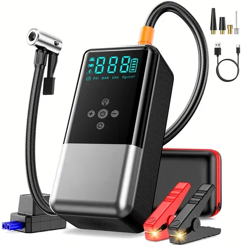 Soulor 3000A Ultra-Safe Jump Starter – Starts all 12V battery vehicles. Features 160 PSI air compressor, 18W fast charging, tire pressure check, and LED light. Includes jumper cables, air hose, storage bag, and 4-in-1 charging cable toolupgrade
