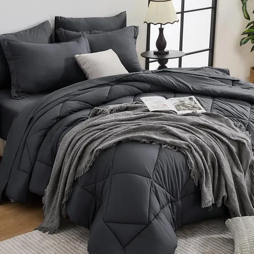 HEVUMYI 7-Piece Queen Size Comforter Set - Dark Grey All-Season Reversible Bedding, Weightless Humidity-Balanced Ultra-Soft, Box-Stitched Stays Plush Longer, W/Flat Sheet,Fitted Sheet,Pillowcases,Pillow Shams (Gray Bedding Sets Collections)