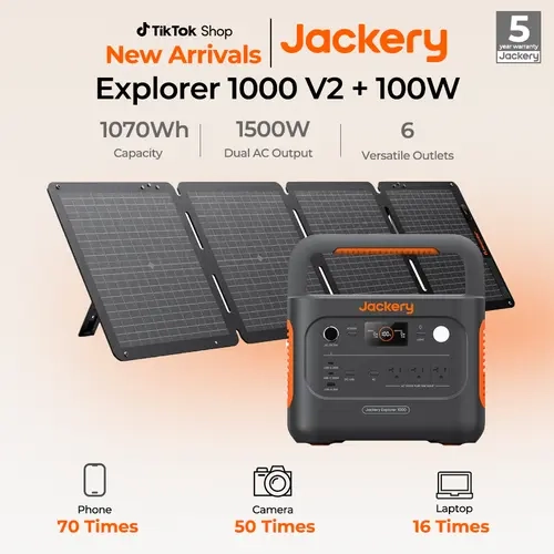 The Jackery Explorer 1000 v2 portable power station comes paired with a foldable 100W solar panel. Featuring a 1070Wh LiFePO₄ battery and 1500W rated output, it supports one-hour fast charging.