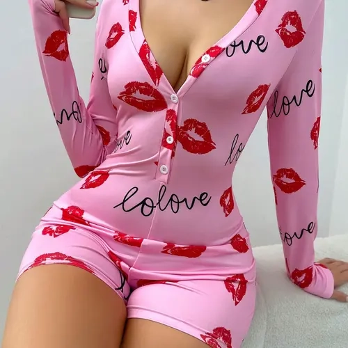 Women's One-Piece Sleepwear Loungewear Onesies, Stretchy Onesie, Fashion Lip Print Long Sleeve, V-Neck Sexy Fit, Ideal for Relaxation, All Seasons