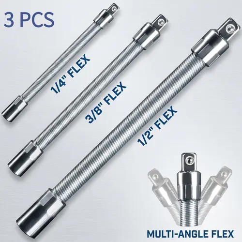 YY1 Socket Ratchet Wrench Kit (1/2, 3/8, 1/4 in) - 3 Bendable Shafts, Wrench Extender, Connecting Rod, Multi-Angle Flex - Tools for Mechanics, Automotive Home & Car Maintenance for Tight Corners
