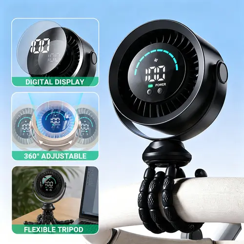 Qawtor 2026 Summer 4000mAh Cordless Camping Multifunctional Rechargeable Fan - LED Display, LED Light, 360° Adjustable Flexible Tripod, USB Charging, Clip Design, Batteries Included, Mini Portable Fan for Desk, Outdoor Use