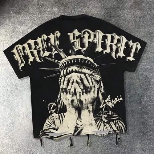 Statue of Liberty printed short sleeved T-shirt, Cool Graphic Tee, Casual Crew Neck, loose, unisex, black, European American street trend, casual fashion brand, 2026 summer, party nightclub, Y2K style Streetwear