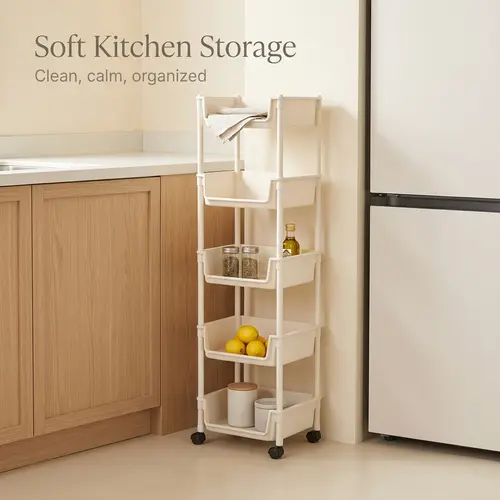 （a）Smooth Lightweight Minimalist Rolling Storage Cart with Wheels, Multi-Layer Adjustable Freestanding Household Racks, Space-Saving Plastic Organizer, Portable Easy-Install Unit for Kitchen,Bathroom - Memorial Day Deals hat bedroom laundry room