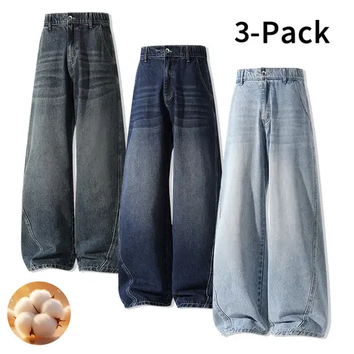 Menswear 3-Pack Men’s Washed Wide-Leg Jeans, Elastic Back Waist, Casual Stylish Loose Straight-Cut Retro Denim Trousers,Trouser