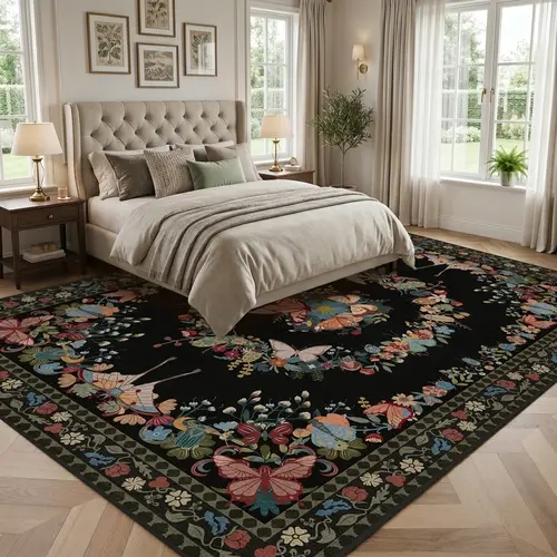 REZUTAN 2x5 ft Butterfly Print Polyester Fiber Rug, Crochet Weave, Soft Low-Pile, Rubber Non-Slip Backing, Machine Washable Decorative Chic Home Decor Piece with Designs for Bedroom High-Traffic Spaces, Butterfly Print Rug