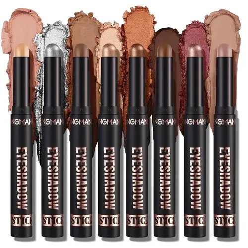 Shimmer Eyeshadow Stick Set, 8Pcs Cream Eye Shadow Brightener Stick Colorful Glitter Eyeshadow Pencil - Waterproof & Transfer-Proof Brown Bronze Nude Neutral Eyeliner Makeup for Girls Women