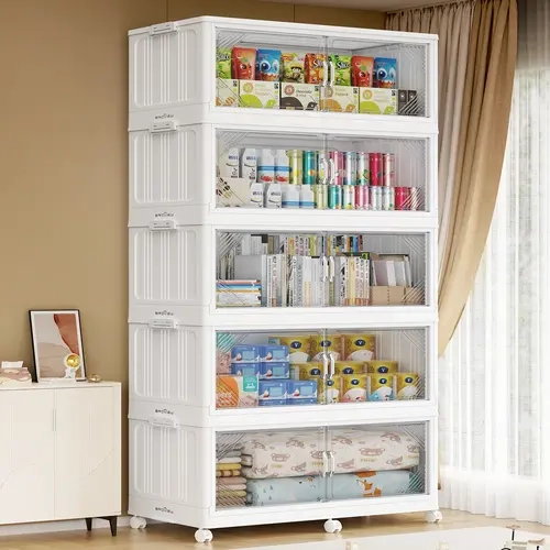 Broview V60 Extra Large Rectangle Plastic Organiser Bins with Lids - 55Gal Each, 165Gal/220Gal/275Gal Options, Drawer-Equipped, 6wheel Easy Move, Collapsible, Magnetic View Door, Eco-Friendly, Fold & Store Fast, Modern for Kitchen Pantry/Under Sink
